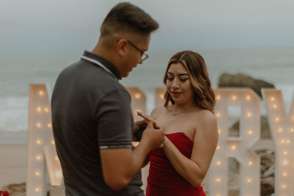 the couple putting on the engagement ring after the proposal